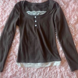 SHEIN Chocolate Long Sleeve Top with White Lace